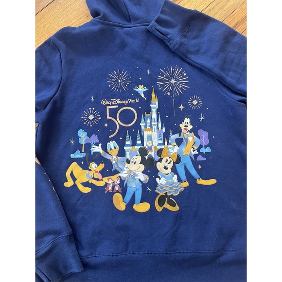 Disney Tops - WALT DISNEY WORLD 50th Anniversary Full Zip Hoodie Mickey Large Navy Blue EUC